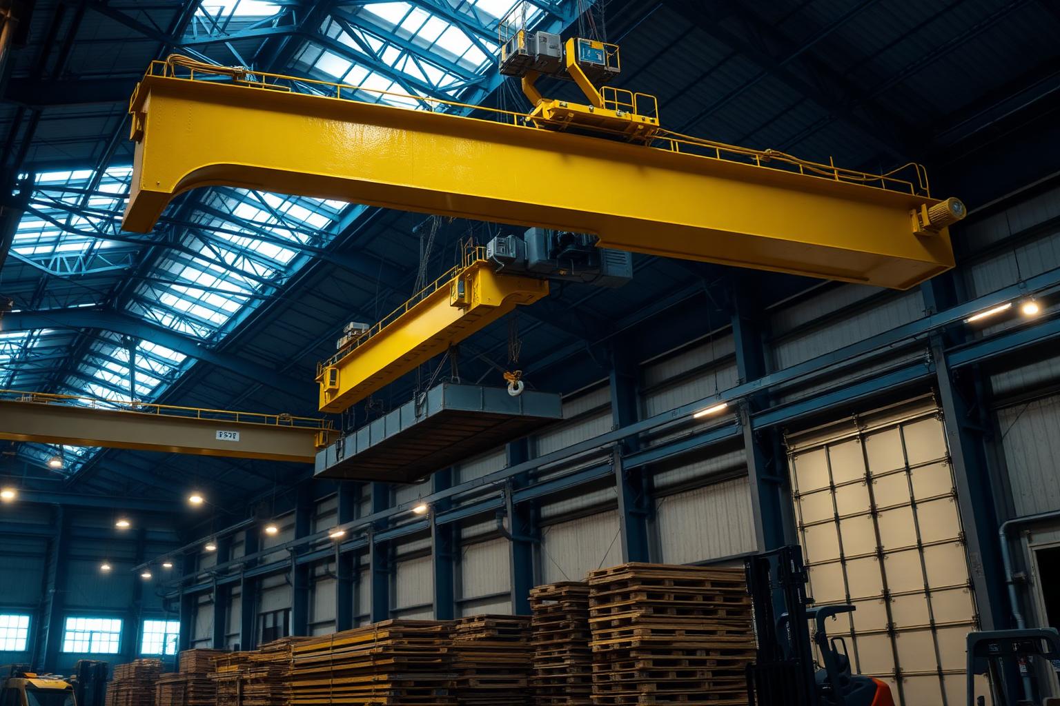 Industrial crane moving heavy materials in a warehouse