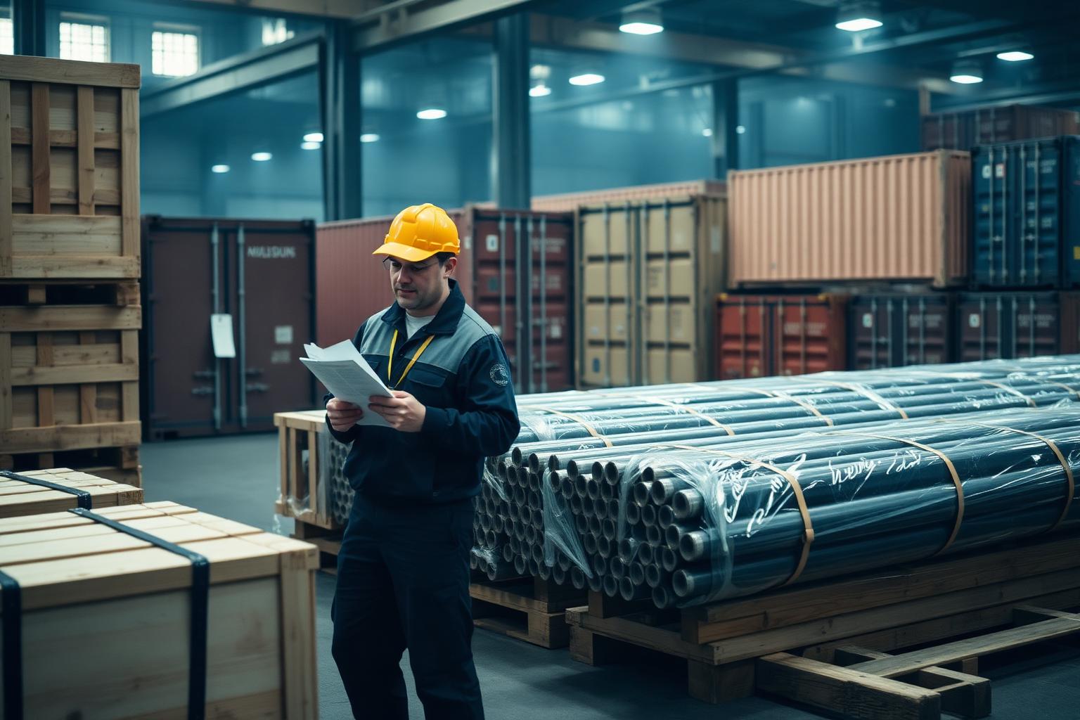 Inspection and packing of pipe for export in a warehouse