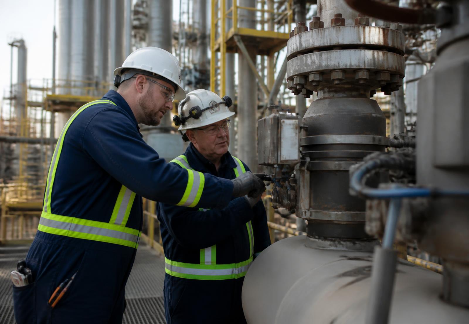 Oil workers in hard hats and reflective vests on a platform